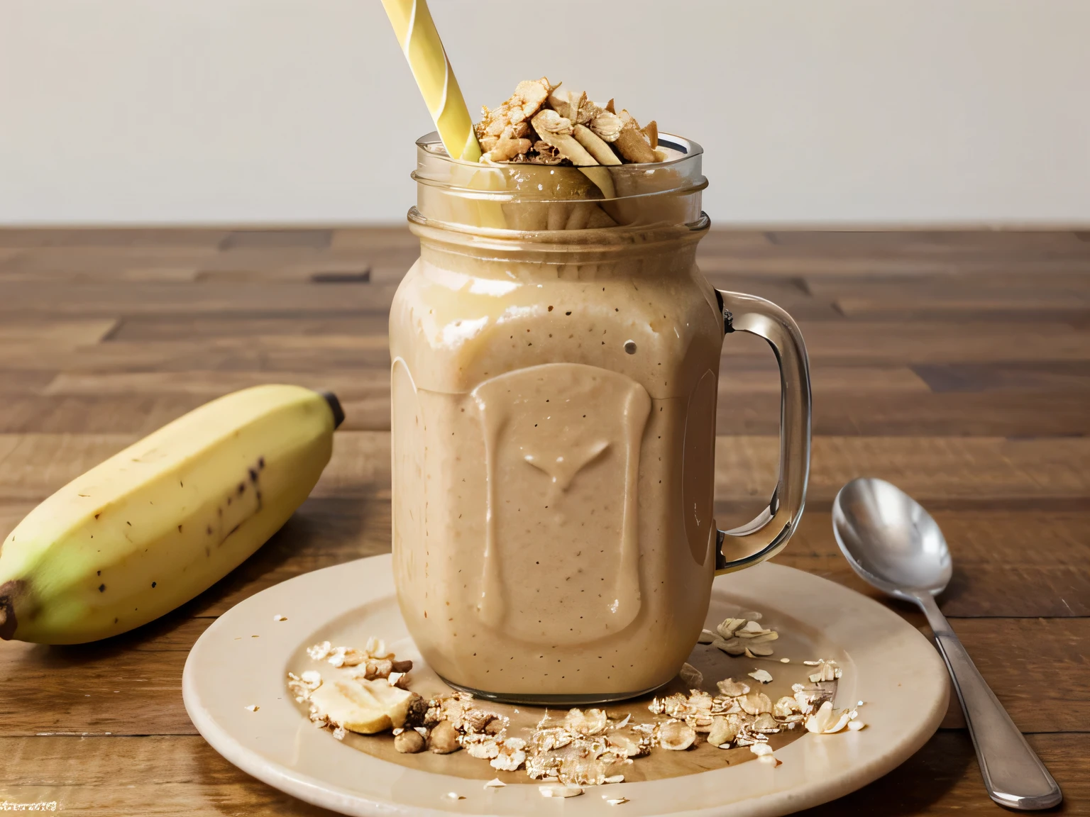 Create the photo of a banana and Oatmeal and honey smoothie that decorates the ingredients