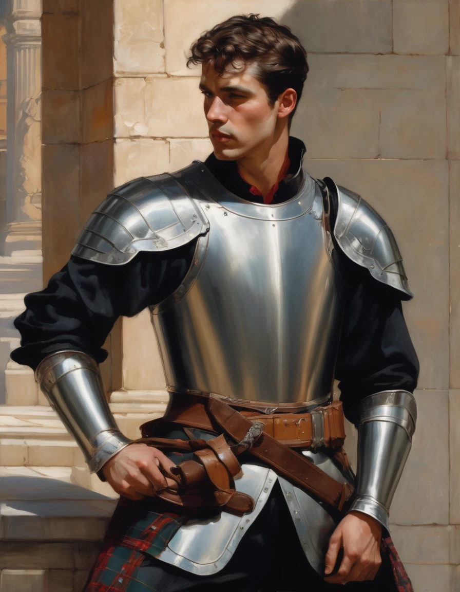 A masterpiece of realistic painting, reminiscent of John William Waterhouse and J. C. Leyendecker finest works. A half-body portrait of a young, frustrated knight, his lustful gaze cast against a column as he leans with sensual abandon. His hands cradle his crotch, showcasing his masculine power. Tired, pensive eyes betray the exhaustion of a layabout lifestyle, while disheveled locks frame his rugged features. Muscular physique is clad in plate armor adorned with tartan elements, exuding manly charm. A luxuriant moustache adds to his dashing demeanor against a Celtic-inspired background.