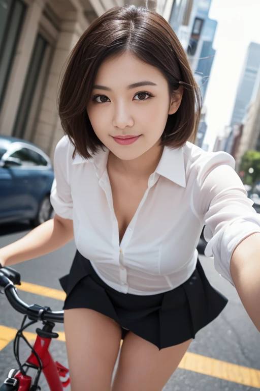 (RAW Photos), (Photorealistic), (masterpiece), (Highest quality), High resolution, 8k resolution, (Exquisite detail), (Volumetric Light),  woman, Age 35, short hair, Straight hair, Brown haired, Very thin, Very white and clear skin,Highly detailed eyes, Source Sequence, Very thin eyebrows, eyelash,The ultimate beauty,Cute like an idol, smile,  (上品で透明感のあるWhite blouse), Random body orientation,Medium chest,Beautiful Japanese office lady, White blouse，Ultra-mini pleated skirt, Lace pantyhose, Random Color, Cute Face, Real Light, Correct Anatomy, Riding a bike 1.4、City bike,  on the saddle、Grip the steering wheel with both hands,Look forward, pedal, Angle 1 From below.4、(((Low angle 1.4))), In the city, There is a strong headwind, Skirt flipped up, (((Her panties are visible))), Beautiful long legs, (((1 よりかなりFrom below.4))), Thin thighs, Viewers looking up,From below,From below,(((low angle full body shot, from below angle, focus saddle, zoom from ground height,dog eye height)))