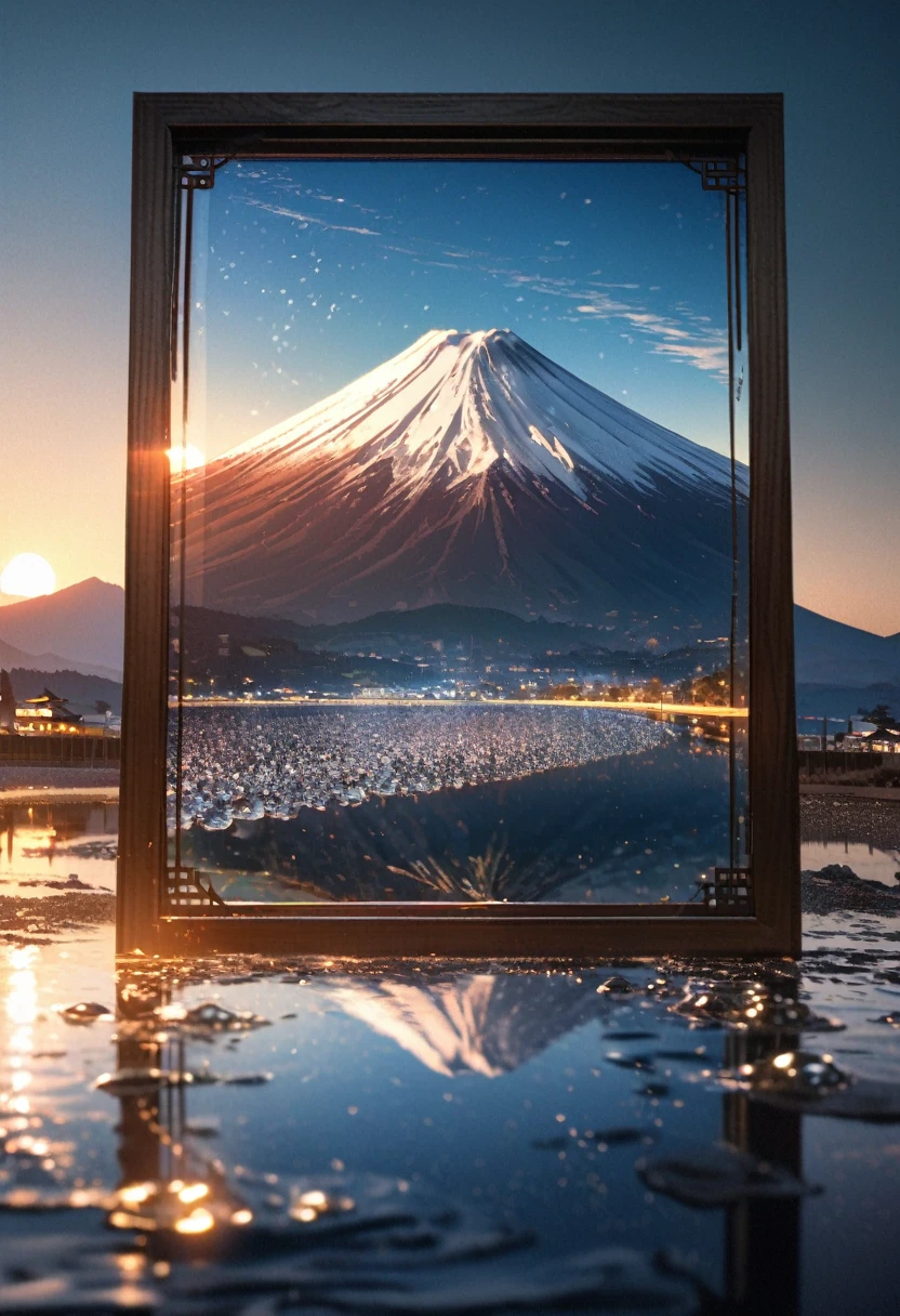 A highly detailed, 8K photo of a glass filled with water, bubbles, and a reflection of Mount Fuji on the right side, beautifully lit, an amazing scene