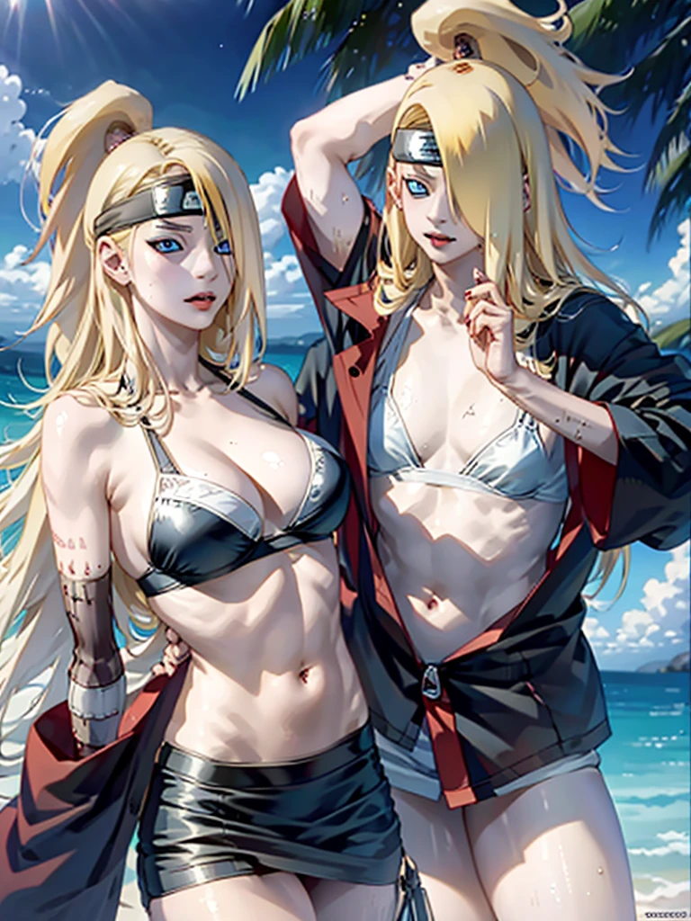 Deidara. women. 19 years. blonde. carmine red lips. Long hair. outlined blue eyes.  Long left side fringe. sexy, bikini. Perfect skin.