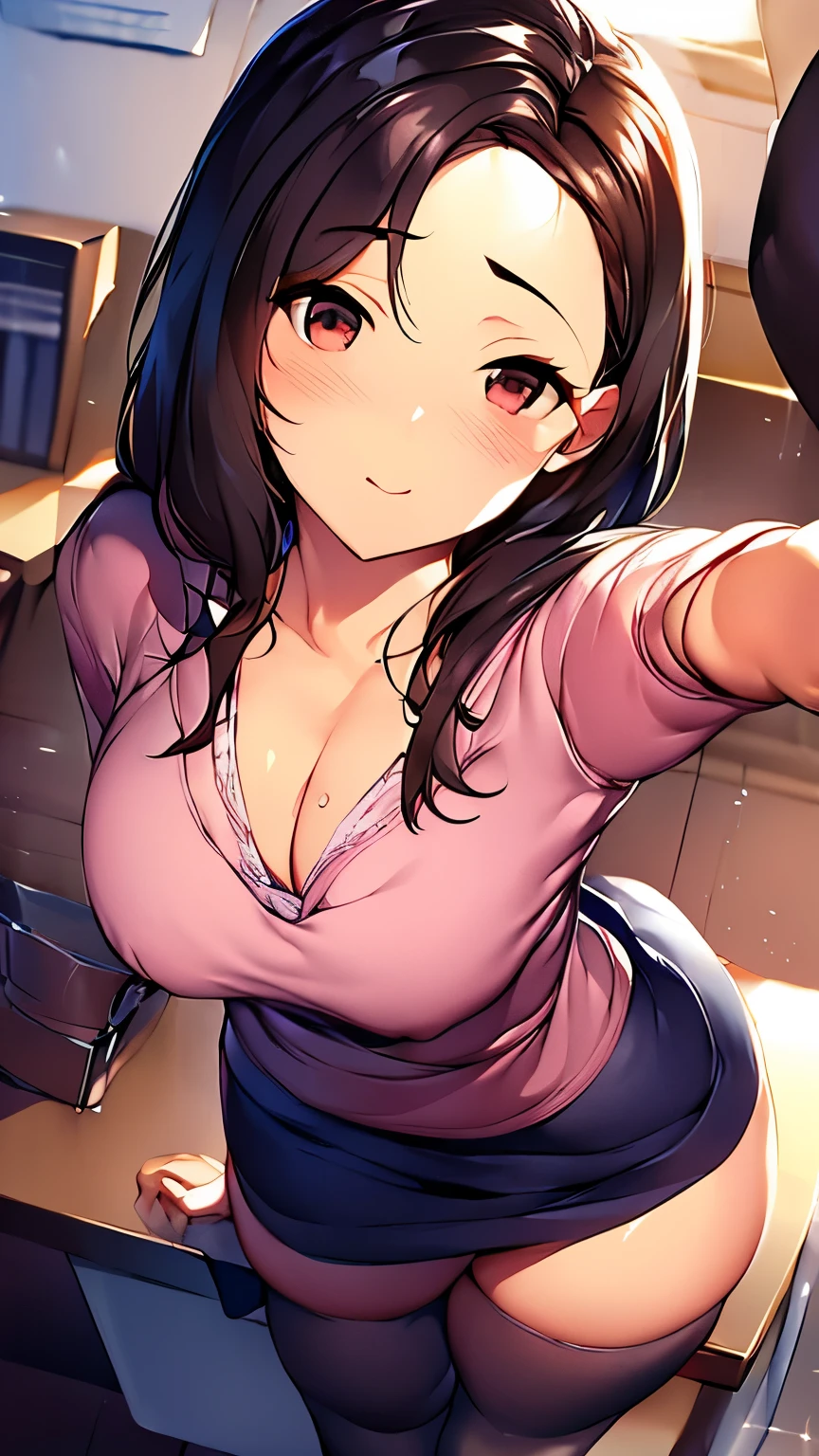 Highest quality, Tabletop, Beautiful mature woman、Beautiful Face、Faint-hearted woman、Office Suits、Tight mini skirt、Brown haired、Brown eyes、Long Hair、Small eyes、Looks like a whole body、Plump body、Sit at a desk、Bend your knees and spread your legs、White panties