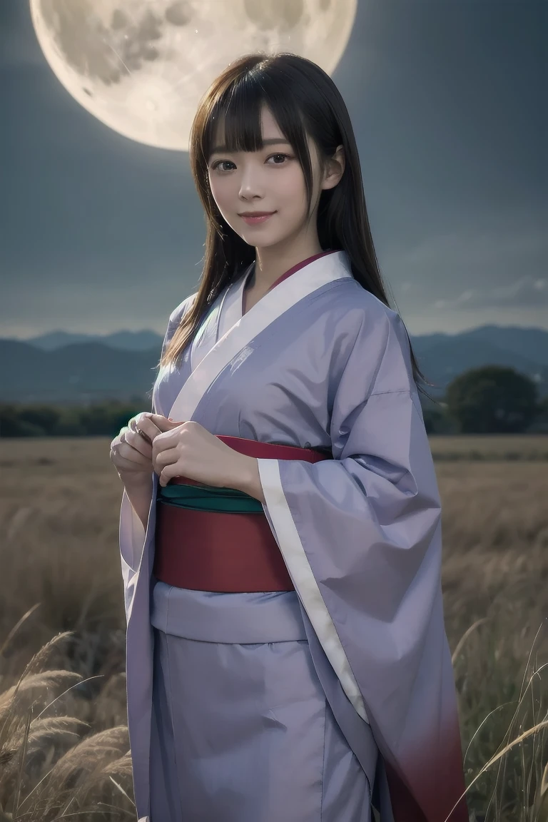 (Ultra-detailed backgrounds),High resolution, Very detailed, One Japanese girl, yae miko, Black Hair, Purple eyes, （Pampas grass steppe:1.3),(The costume is a Japan kimono:1.2),(colorful),evening、Full moon in the sky、A plateau where silver grass sways、Girl Looking at the Moon、Japanese customs: the fifteenth night、CG, Unity, 8k, wallpaper, Highest quality, masterpiece, A girl&#39;s whole body, Cheerful girl, , Amami Haruka, (Bright smile: 1.2), Small symmetrical ribbons on either side of the head, Best lighting, Complex pupil, colorful, wonderful, Particles of light, Lens flare, Depth of written boundary,（A small table in the foreground features rice dumplings and persimmons.：1.2）、