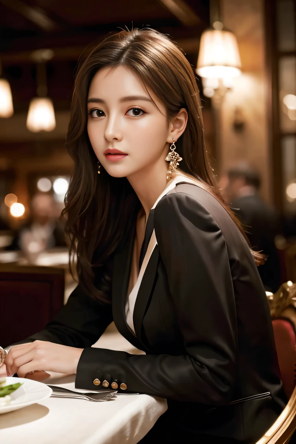 masterpiece, Highest quality, Realistic, Very detailed, Finer details, High resolution, 8k wallpaper, One beautiful woman, Wear a nice suit, In a great restaurant, At night, Light brown messy hair, Perfect dynamic composition, Beautiful and beautiful eyes、Big earrings、Sit on a chair