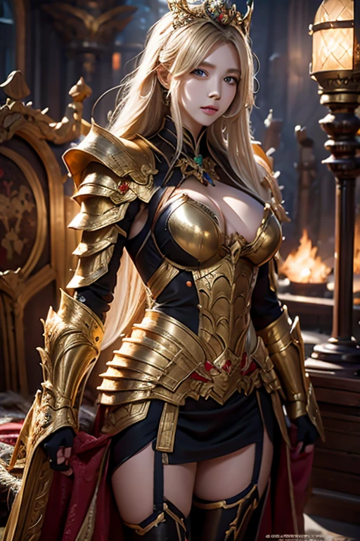 ((Best quality)), ((masterpiece)), (highly detailed:1.3),a woman wearing black armor, long hair. Holding a luxury sword, armor damaged war scene, super cute face, super slim body, super slim, small waist, super perfect huge breast, perfect huge round breast, smooth skin, silky hair, blue eye, 16 year old, red robe,blue hijab with a princess crown , luxury golden pattern armor, blonde, fighting style, red lips, blushing, erect nipples