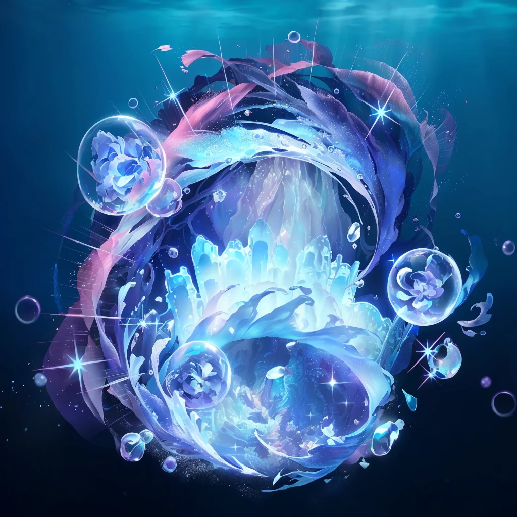 "Create a hyper-realistic underwater fantasy scene inspired by anime. The scene should include glowing, bioluminescent elements, water wave effect, and an ethereal cityscape in the background. Incorporate dreamy, mystical lighting with soft, flowing colors like blues, purples, and pinks. Ensure that the overall composition and design elements, such as the characters and structures within bubbles, are preserved.