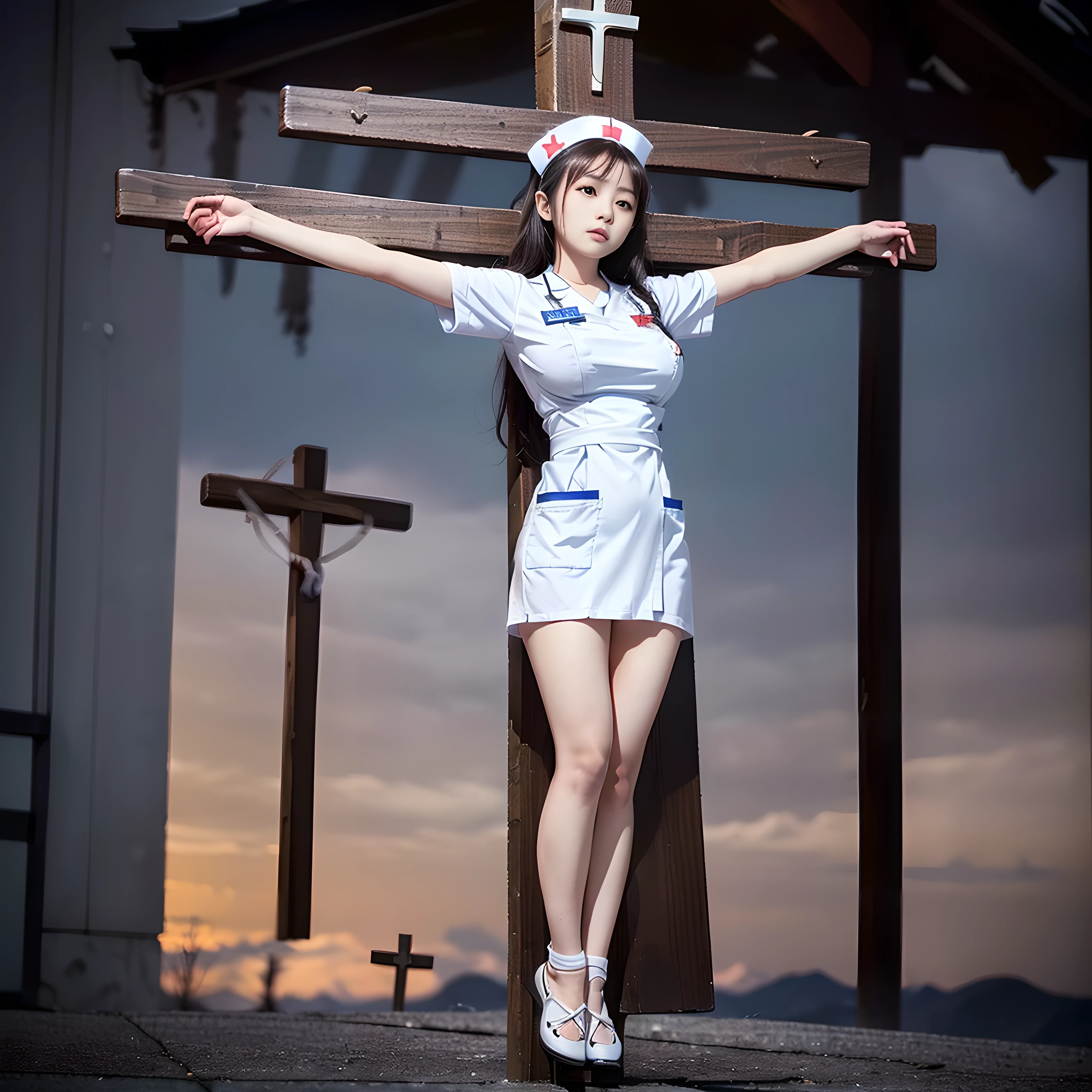 (((Japanese young girls wearing white nurse uniform))), (((crucifixion pose,nailed to cross))), (full body shot:2), dynamic angle,  ((huge breasts)),  natural lighting, ultra sharp focus, 8k, (((1girl))), glaring