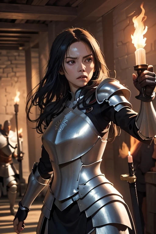 ((masterpiece, Highest quality)), ((Detailed CG integrated 8K people)), Rooms in the dungeon, torches, Woman fighting monsters, Sword in hand, Wear armor,