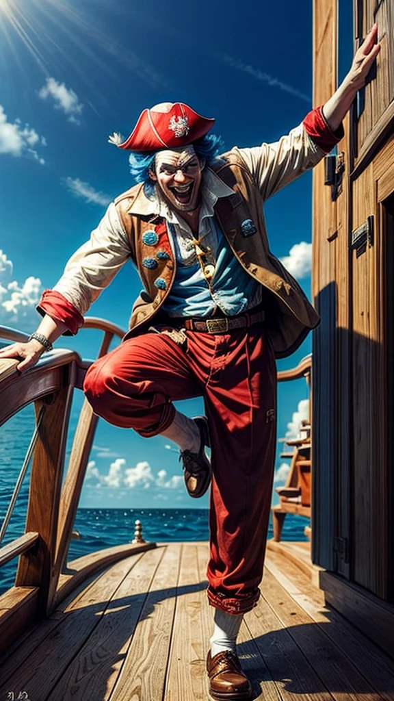 masterpiece, best quality, extremely detailed, hyperrealistic:1.1, photorealistic, a cool 40s man, ultra detailed face:1.2, red nose:1.2, long blue hair, red and white pirate hat, on detailed yacht, sea, kicking, dynamic pose, laughing