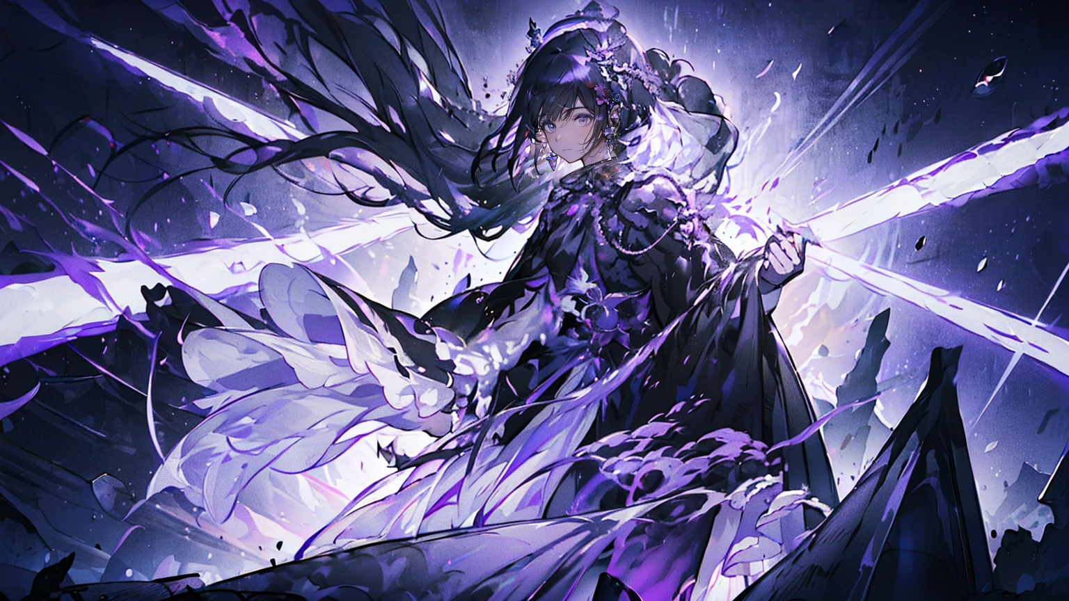 (Super detailed)),((illustration)),((masterpiece)),(((need))),((fine、Highest quality CG Unity 8K wallpapers,masterpiece),((4K,masterpiece,best quality)),Black hair queen,Waist-length hair,Royal sister,Sexy,Tall figure,Lilac eyes,Standing upright in a coffin,mummy,The whole body is wrapped in bandages,Limbs wrapped in bandages,There is a coffin beside him,Mature,Hair Bunch,Hair tied on both sides,Black and purple French vintage clothing,Gorgeous pure black cape,Black veil,Purple-white halo,Black purple boots,Wearing a crown on the head,Holding a knight's sword,pyramid,Emitting dim purple light,Brilliant palace,Mysterious symbols,individual,Emit a dim light,Full body picture
