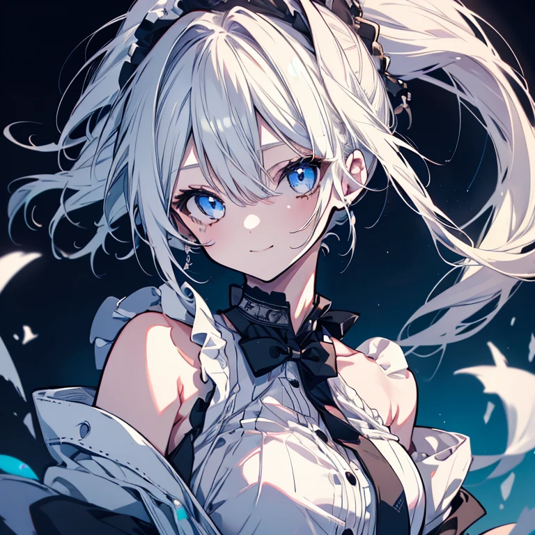 1 girl、Mature、Ample breasts、Long Hair、White Hair、Blue Eyes、ponytail、ハイponytail、Punk Costume、Maid clothes、Shoulder Bare、Shoulder Bare、Belly button、choker、Night view、smile、Bust-up perspective、High resolution、Highest quality