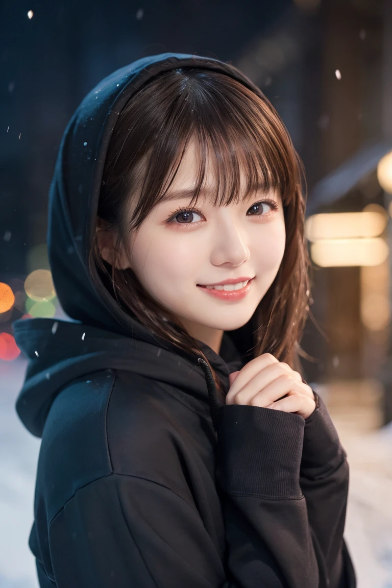 1 girl, (Wear a black hoodie:1.2), (original photo, highest qualThaty), (Practical, Practical:1.4), On the table, Very refined, Very detailed, 2k wallpapers, wonderful, Finely, Very detailed CG UnThaty 8K 壁紙, Very detailed, high resolution, Soft Light, Beautiful and delicate girl, Very detailed目と顔, Beautiful and delicate nose, Finelyて美しい目, Cinema Lighting, Illuminations That light up the cThaty on a snowy night, Snow Scene, That'That'That'it'Snowing, Snowflakes fall on my hair, Perfect anatomical structure, slim body, Very nervous,
Straight half-length hair, Bangs, Looking at the audience, Smile、Plush scarf