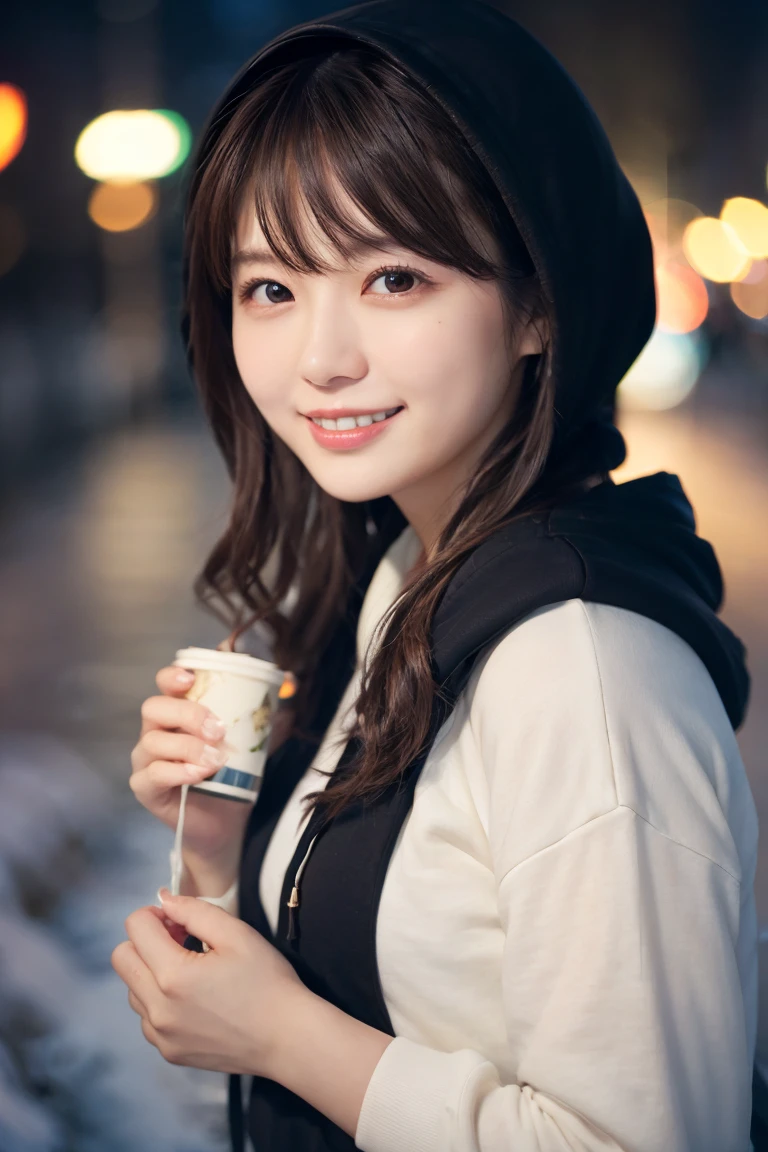 1 girl, (Wear a black hoodie:1.2), (original photo, highest qualThaty), (Practical, Practical:1.4), On the table, Very refined, Very detailed, 2k wallpapers, wonderful, Finely, Very detailed CG UnThaty 8K 壁紙, Very detailed, high resolution, Soft Light, Beautiful and delicate girl, Very detailed目と顔, Beautiful and delicate nose, Finelyて美しい目, Cinema Lighting, Illuminations That light up the cThaty on a snowy night, Snow Scene, That'That'That'it'Snowing, Snowflakes fall on my hair, Perfect anatomical structure, slim body, Very nervous,
Straight half-length hair, Bangs, Looking at the audience, Smile、Plush scarf
