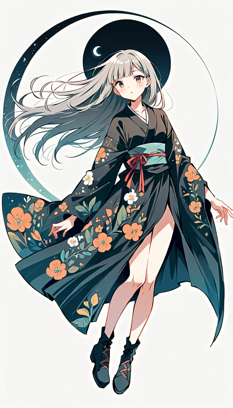 white background, Fujichoco style, black kimono, (((The Most Beautiful Girl))), gray hair, ((precise full moon)), simple background, Simple line initialism, full body, black tone,