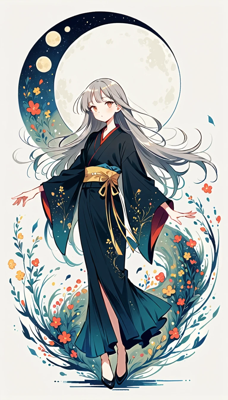 white background, Fujichoco style, black kimono, (((The Most Beautiful Girl))), gray hair, ((precise full moon)), simple background, Simple line initialism, full body, black tone,