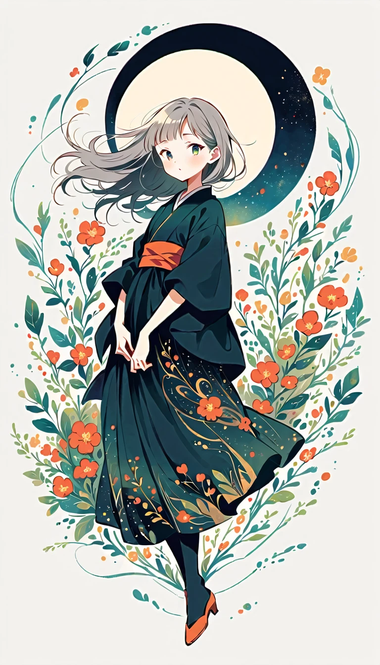 white background, Fujichoco style, black kimono, (((The Most Beautiful Girl))), gray hair, ((precise full moon)), simple background, Simple line initialism, full body, black tone,