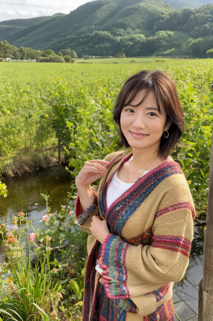 ((Highest quality)), ((masterpiece)), (detailed),Perfect Face,Japanese,landscape,Mature Woman,Upper Body,F Cup