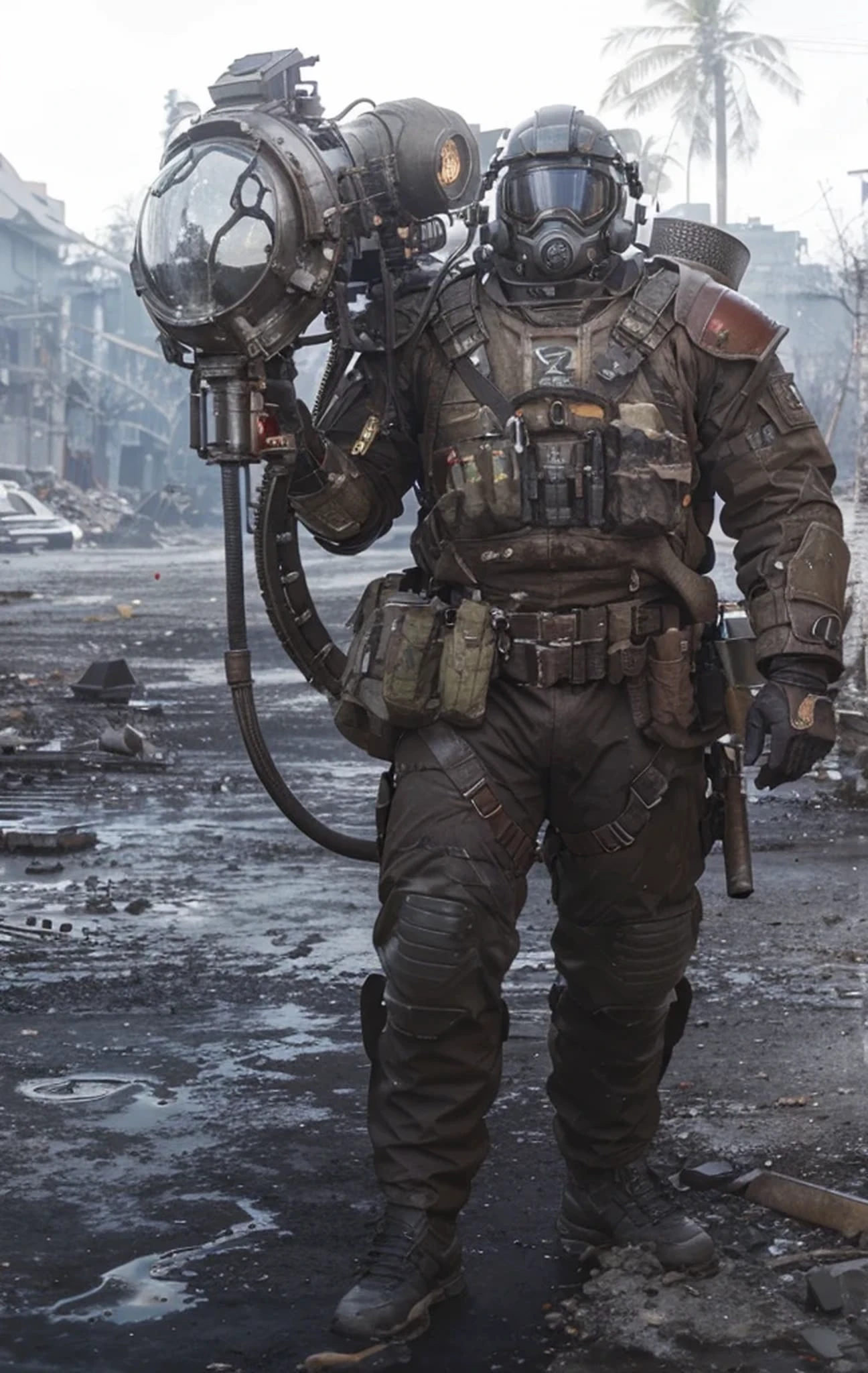soldier, Helmet with wide glass, Inside the helmet you can see a face deformed by radiation, heavy red suit with armor and Fallout-style leather layers, harnesses and belts with ammunition, Matte brown details, Tubes and cables, Carries in a from his hands a large advanced weapon, a metal weapon, is on a tropical island contaminated with chemical waste, white sky, floor with a puddle of liquid chemicals, black smoke, ultra-realistic, 4k, Ultra detailed image, realistic, Highly detailed, perfect composition, gorgeous, Intricately detailed, incredibly detailed, Art photography 8K, hyper detailed, Masterpiece, Ultra detailed, hyper realistic