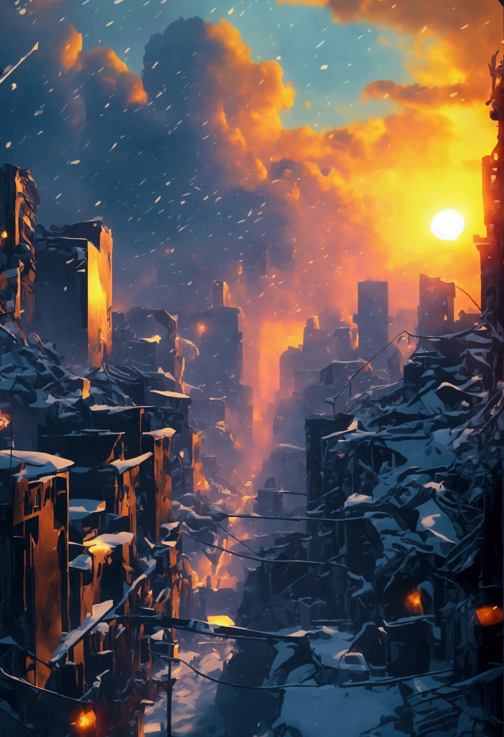 detailed fantasy winter cityscape, destroyed city covered in thick snow, no sun in the sky, epic cinematic scene, dramatic lighting, moody atmosphere, intricate details, photorealistic, 8k, best quality, masterpiece, cinematic composition, dramatic mood, eerie atmosphere, snowstorm, snow-covered buildings, desolate environment, post-apocalyptic setting, gloomy and bleak, highly detailed, hyper-realistic, professional 3D render, striking colors, dynamic range, dramatic contrast, volumetric lighting