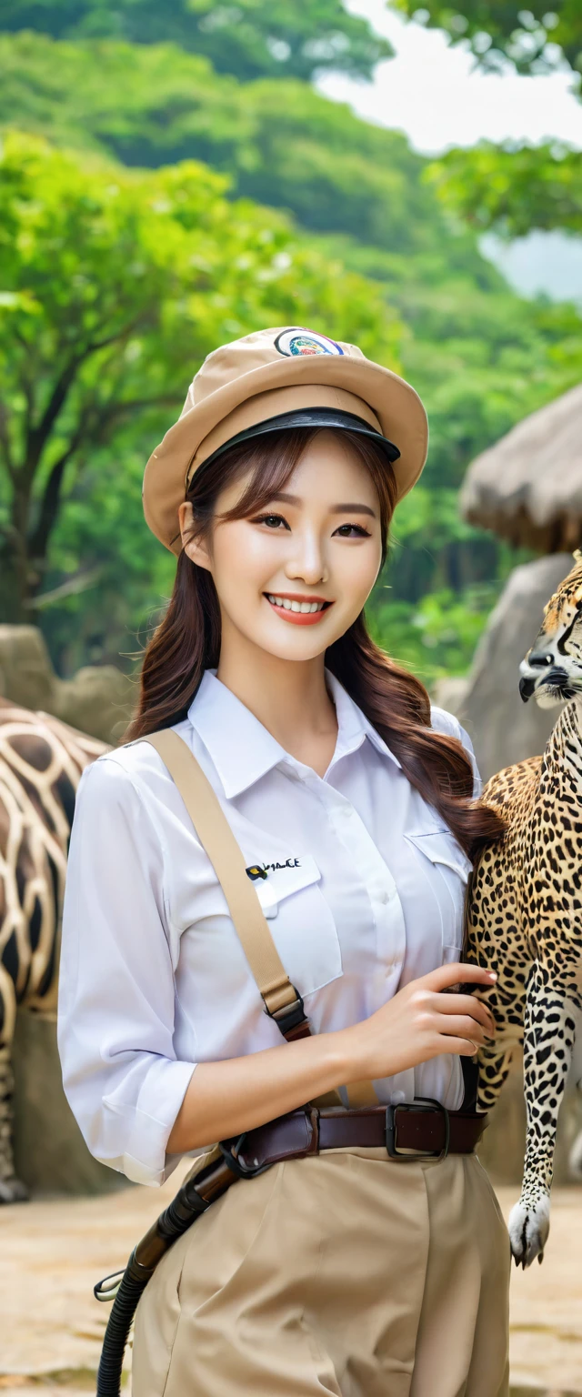 Close up of beautiful Korean woman, 34 inch chest size, Dressed as a zoo staff, Smile, At the zoo, Scenery background, Ultra HD