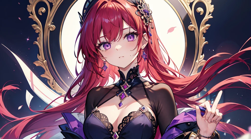 Highest quality, masterpiece, figure, wallpaper,One woman, Beautiful detailed woman, Highly detailed eyes and face, Beautiful attention to detail, Shine, View your viewers, Purple Eyes,,Bright Red Hair ,crisp finger, clear background, deep night、Big earrings、bracelet,28 years old,Are standing,Slim body,Close-up of face