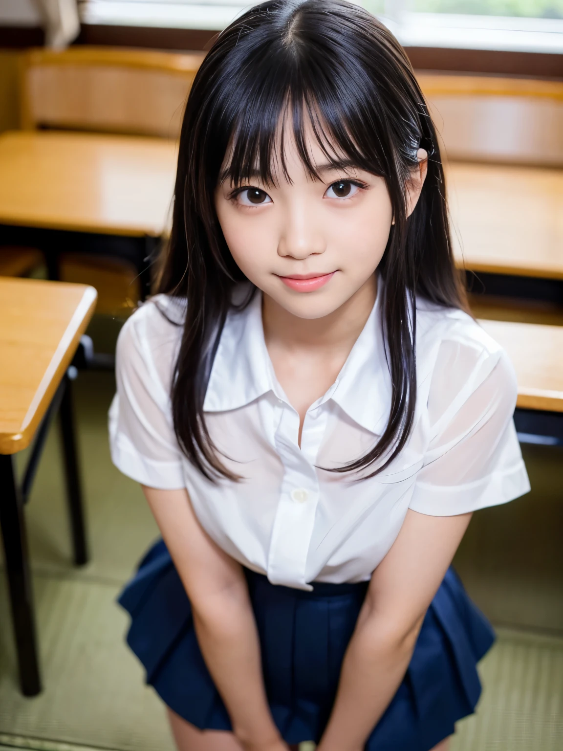 (Best-quality, Masterpiece, Ultra-High-Resolution, (Photorealistic:1.4), Raw Photo, depth of field, professional lighting, perfect anatomy, extremely details), ((from below):1.3), 1girl, 15-years-old, the most famous Japanese idol, cowboy shot, (wearing Japanese high-school uniform, white short-sleeve blouse, navy-blue pleated skirt, white socks), ((extremely cute face like the most popular Japanese idol, (extremely cute and extremely big black-eyes), extremely beautiful black-long-hair, ((extremely beautiful and extremely realistic skins)), extremely cute long-eyelashes, extremely cute lips), extremely beautiful thighs, extremely beautiful legs), standing in classroom, looking at viewer, ((innocent smile))