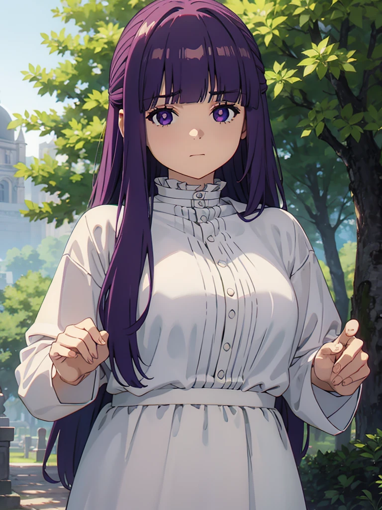 1girl,fern,fern_clothes,glare,upper_body,(looking at viewer:1.1),half-closed eyes,shaded face,angry,closed_mouth,outdoors,despise, (masterpiece:1.0),(best_quality:1.0), ultra high res,4K,ultra-detailed, photography, 8K, HDR, highres