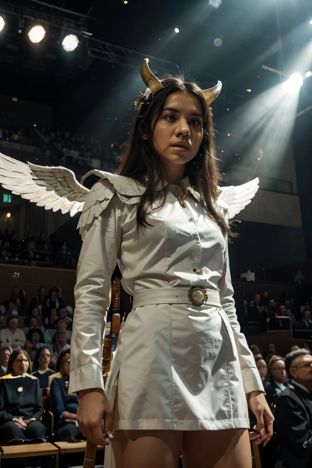Background: Picture the sky with big white clouds and bright rays of light. Add some celestial elements such as birds or angels in the distance to give it a heavenly feel.Court: In the middle of the picture, create a large platform from the cloud that serves as a court stage. Add decorative elements like cloud pillars or glittery ornaments.Judge: Describe the figure of the heavenly judge at the center of the court stage. Judge bisa berupa sosok malaikat agung atau makhluk dengan aura cahaya yang memancar. Provide resplendent clothing and a stick or hammer as a symbol of justice.Man: On one side of the stage, depict a human standing with a frightened or anxious expression. They can wear simple clothes or clothes that reflect the current era. Add details like hands pointing towards the devil.Devil: On the other side of the stage, depict the devil with a frightening appearance but still dignified. It can be a figure with horns, black wings, and tail. Give an expression that shows indifference or anger.Guardian Angel: Add several angels in armor or guard uniforms around the stage to give a sense of security and order.rays of light: Use rays of light falling from above to illuminate the judge and court stage, gives a holy and noble impression.Spectator Cloud: Add some clouds around the stage containing the faint faces of the heavenly audience, like a spirit or little angel watching the court.Expressions and Body Movements: Make sure people&#39;s expressions and gestures convey fear and blame, while the devil displays a defensive or angry attitude. Judge harus tampak tenang dan penuh wibawa.