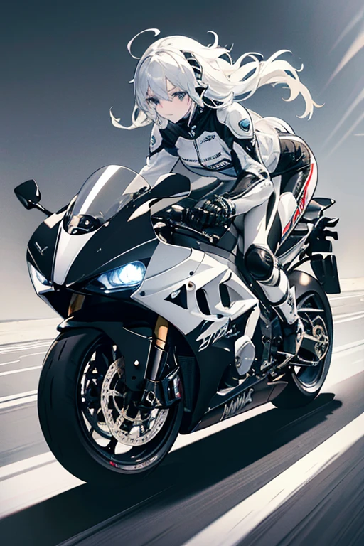 silver wavy hair with feathers, black motorcycle helmet, white skin, pale white skin, riding sports bike, sports bike_yamaha R1, motorcycle gear_black, black motorcycle gear, white & gold sports bike_yamaha R1, motorcycle helmet_black.