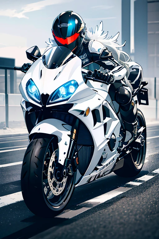 silver wavy hair with feathers, black motorcycle helmet, white skin, pale white skin, riding sports bike, sports bike_yamaha R1, motorcycle gear_black, black motorcycle gear, white & gold sports bike_yamaha R1, motorcycle helmet_black.