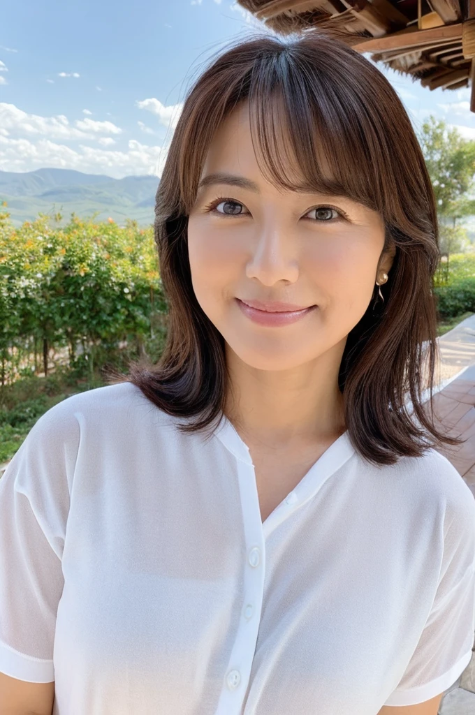 ((Highest quality)), ((masterpiece)), (detailed),Perfect Face,Japanese,landscape,Mature Woman,Upper Body
