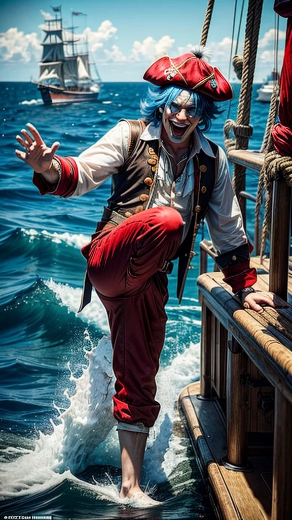 masterpiece, best quality, extremely detailed, hyperrealistic:1.1, photorealistic, a cool 40s man, ultra detailed face:1.2, red nose:1.2, long blue hair, red and white pirate hat, on detailed yacht, sea, kicking, dynamic pose, laughing