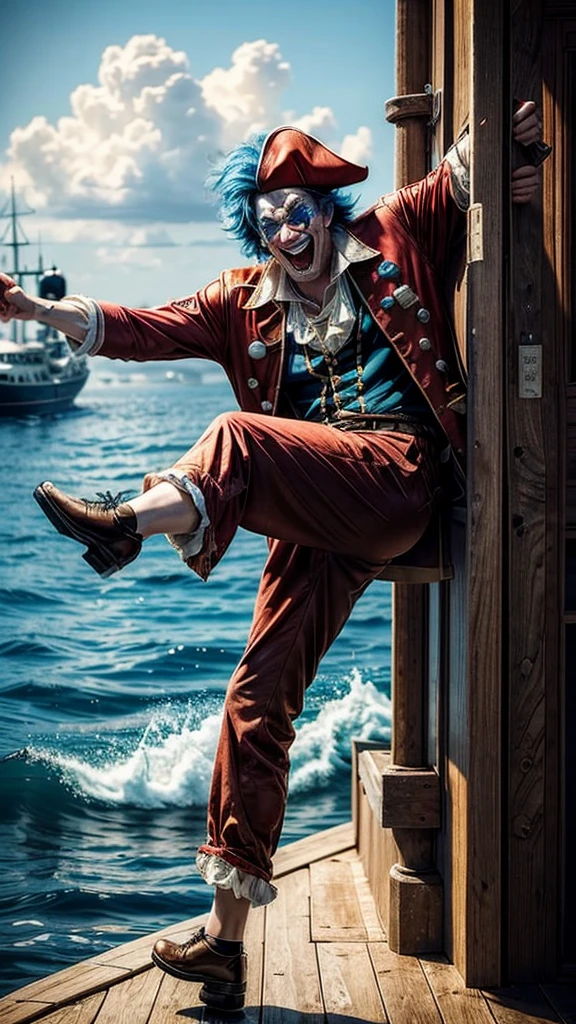 masterpiece, best quality, extremely detailed, hyperrealistic:1.1, photorealistic, a cool 40s man, ultra detailed face:1.2, red nose:1.2, long blue hair, red and white pirate hat, on detailed yacht, sea, kicking, dynamic pose, laughing