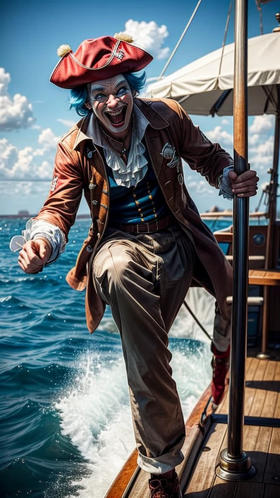 masterpiece, best quality, extremely detailed, hyperrealistic:1.1, photorealistic, a cool 40s man, ultra detailed face:1.2, red nose:1.2, long blue hair, red and white pirate hat, on detailed yacht, sea, kicking, dynamic pose, laughing