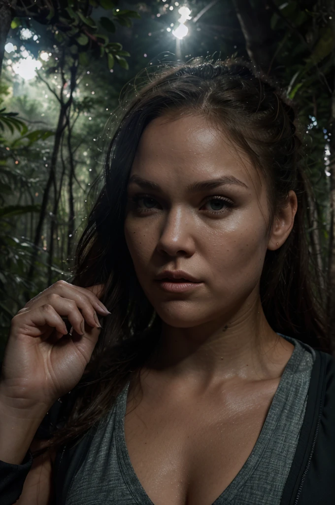 a ronda rousey, athletic woman in hiking clothes, hiking in a dense forest at night, moonlight, detailed face, detailed eyes, detailed nose, detailed lips, intricate details, photorealistic, 8k, high quality, realistic lighting, dramatic shadows, moody atmosphere, lush greenery, pine trees, rocks, mist, beautiful landscape