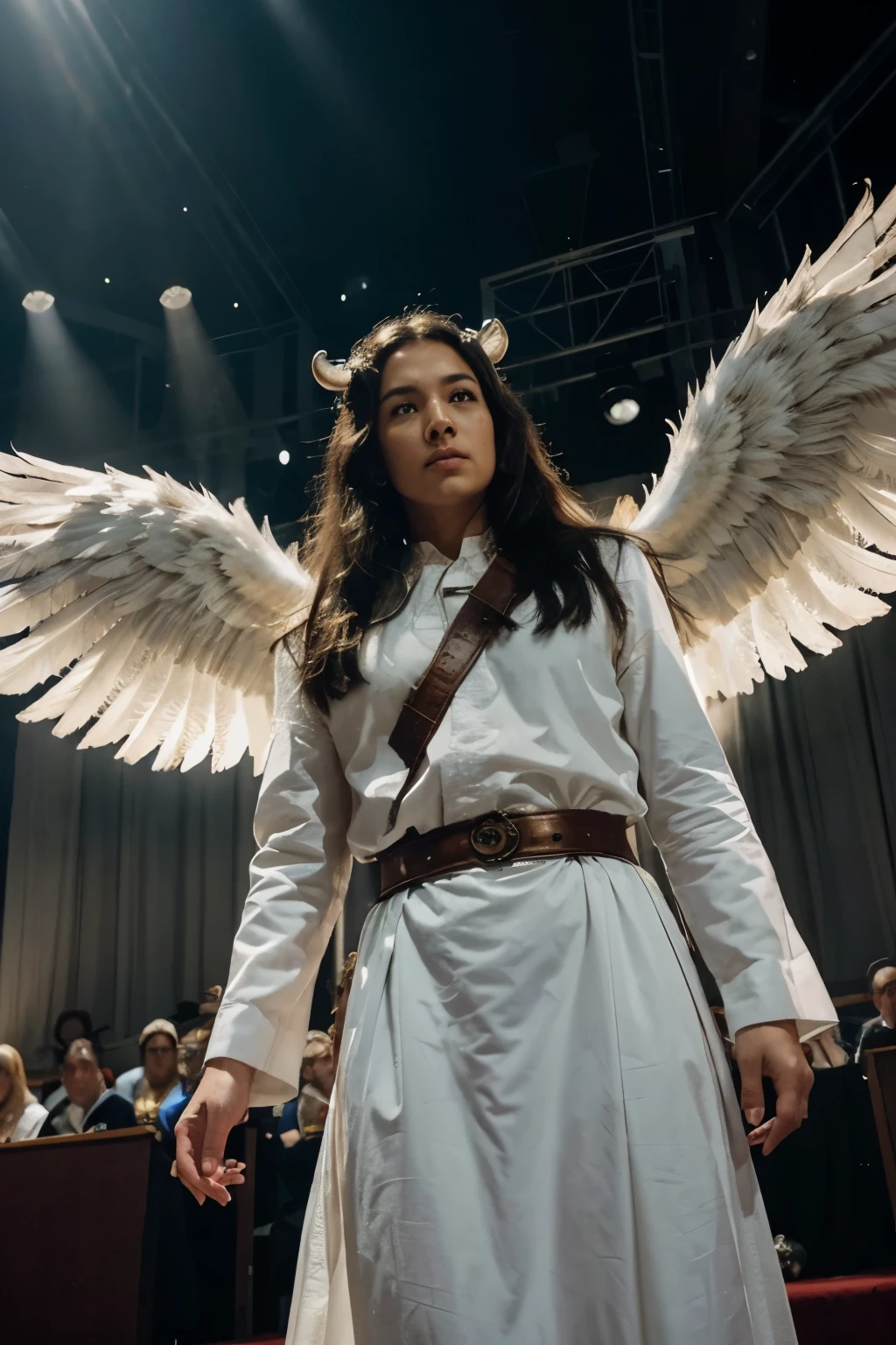 Background: Picture the sky with big white clouds and bright rays of light. Add some celestial elements such as birds or angels in the distance to give it a heavenly feel.Court: In the middle of the picture, create a large platform from the cloud that serves as a court stage. Add decorative elements like cloud pillars or glittery ornaments.Judge: Describe the figure of the heavenly judge at the center of the court stage. Judge bisa berupa sosok malaikat agung atau makhluk dengan aura cahaya yang memancar. Provide resplendent clothing and a stick or hammer as a symbol of justice.Man: On one side of the stage, depict a human standing with a frightened or anxious expression. They can wear simple clothes or clothes that reflect the current era. Add details like hands pointing towards the devil.Devil: On the other side of the stage, depict the devil with a frightening appearance but still dignified. It can be a figure with horns, black wings, and tail. Give an expression that shows indifference or anger.Guardian Angel: Add several angels in armor or guard uniforms around the stage to give a sense of security and order.rays of light: Use rays of light falling from above to illuminate the judge and court stage, gives a holy and noble impression.Spectator Cloud: Add some clouds around the stage containing the faint faces of the heavenly audience, like a spirit or little angel watching the court.Expressions and Body Movements: Make sure people's expressions and gestures convey fear and blame, while the devil displays a defensive or angry attitude. Judge harus tampak tenang dan penuh wibawa.
