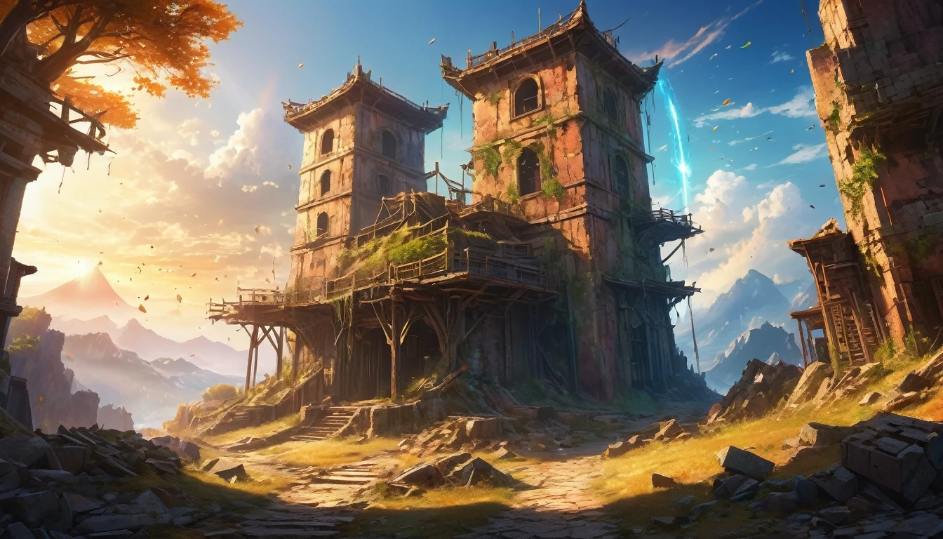 (anime, fantasy, portal),(best quality, highres, HDR:1.2),vibrant colors, mysterious atmosphere, sole weathered watchtower , crumbling down, debris, general shot, ethereal light, fantastical landscapes