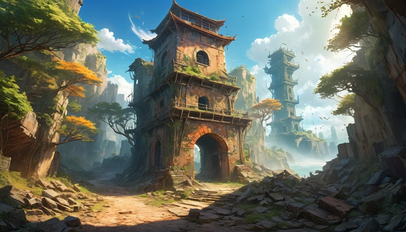 (anime, fantasy, portal),(best quality, highres, HDR:1.2),vibrant colors, mysterious atmosphere, sole weathered watchtower , crumbling down, debris, general shot, ethereal light, fantastical landscapes