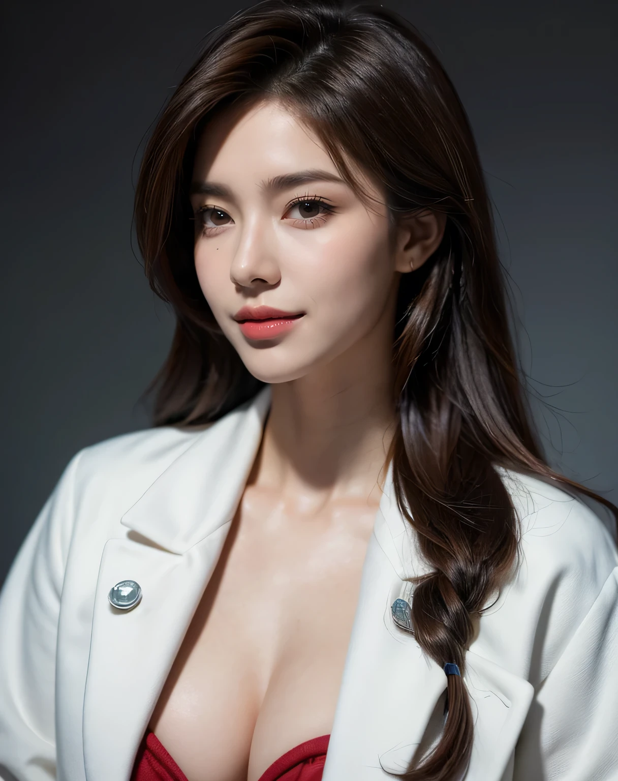 8k, highest quality:1.2, masterpiece:1.3, High resolution RAW photo, photorealistic:1.3, portrait:1.1, super resolution, realistic, real photos, amazing details, An ultra-realistic photograph, cute beautiful one woman with perfect body:1.4, slim big:1.2, amazing details, cute beautiful woman with perfect body:1.4, shiny skin, glossy lips, High-definition face and skin texture, fine eyes, double eyelid, very detailed, dark brown hair color, medium hair, big tits, ample breasts:1.4, high resolution chest, (Wearing a white doctor's coat:1.2), Medical fetish, inspection, Sunlit, Ward Background:1.3,smile:1.3