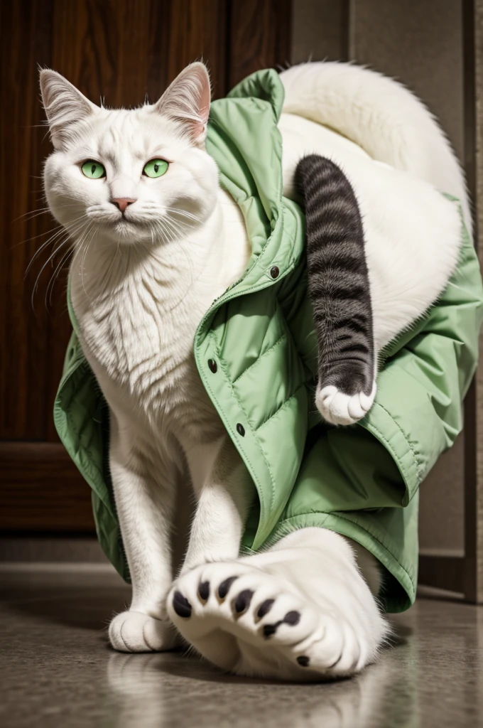 anthro, cat, white fur, green eyes, green jacket, furry, looking down, Viewers look at, Viewer looks up, smiling, above standing, Macro, Fußfocus, alone, good lighting, Focus on feet, raised foot, Focus on the bottom of the foot, fluffy, furry paws, Paw pads, schwarze Paw pads, penis