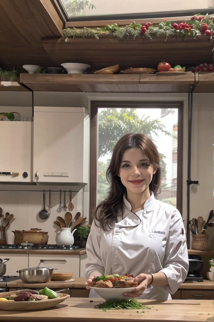 A vertical screen aspect ratio a Brazilian female chef with a smile,Very nice mood,In a bright European kitchen,There is a large window,There is also a beautiful setting of plants to cook delicious food and several healthy dishes ready on a table in plain sight.