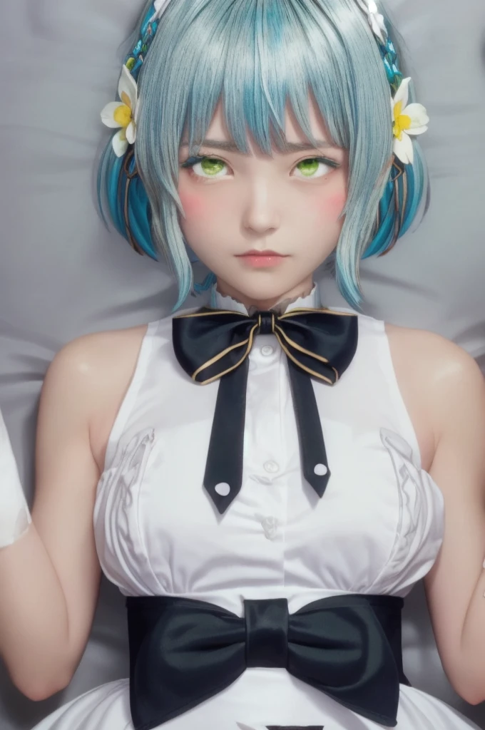 and–‡å«¿èµ«æ³½,One girl,alone,Green Eyes,Blue Hair,Aqua Hair,Hair between the eyes,Side Lock,bangs,short hair,short hair with long locks,
Maid headdress,hair ornaments,White flower,Hair Flower,bow tie,Black Bow,White shirt,Frilled shirt,button,Maid,White apron,Center frill,No sleeve,Exposing shoulders,Juliet Sleeve,Removable sleeves,Puff sleeves,black sleeves,Black Skirt,Black corset,Underbust,(正面figure:1.5),, Amazing visuals, High resolution,masterpiece,Highest quality,, 18-year-old,young woman,Beautiful fingers,Beautiful long legs,Beautiful body,Beautiful Nose,Beautiful character design, Perfect Eyes, perfect face,Expressive eyes,
Official Art,非常に詳細な CG unity 8k wallpaper, Perfect lighting,colorful, bright_front_face_Lighting,Glowing Skin, 
break (masterpiece:1.2), Highest quality, High resolution, unity 8k wallpaper, (figure:0.8), (((Beautiful attention to detail:1.6))), (((非常に詳細なface))), Perfect lighting, Highly detailed CG, (((Perfect hands, Perfect Anatomy))),(((masterpiece))),(((Highest quality))),(((High resolution))),One girl,One boy,(((whole body))),On the bed,the pillow is behind your head,pillow,Midnight Sky,Megami Magazine,(((アヘface))),Large Breasts,(((Man big penis))),(((One boy))),vagina,(((Sex))),(((semen))), (((To))),(((Sweat))),(((girl trembling with Sexual climax))),absurdres, , vaginale, sex, (((Missionary:1.3))), penis, (((bare breasts))), ahegao, blush, sweat, pussy, (((pussy juice))), (((long tongue))), nipples