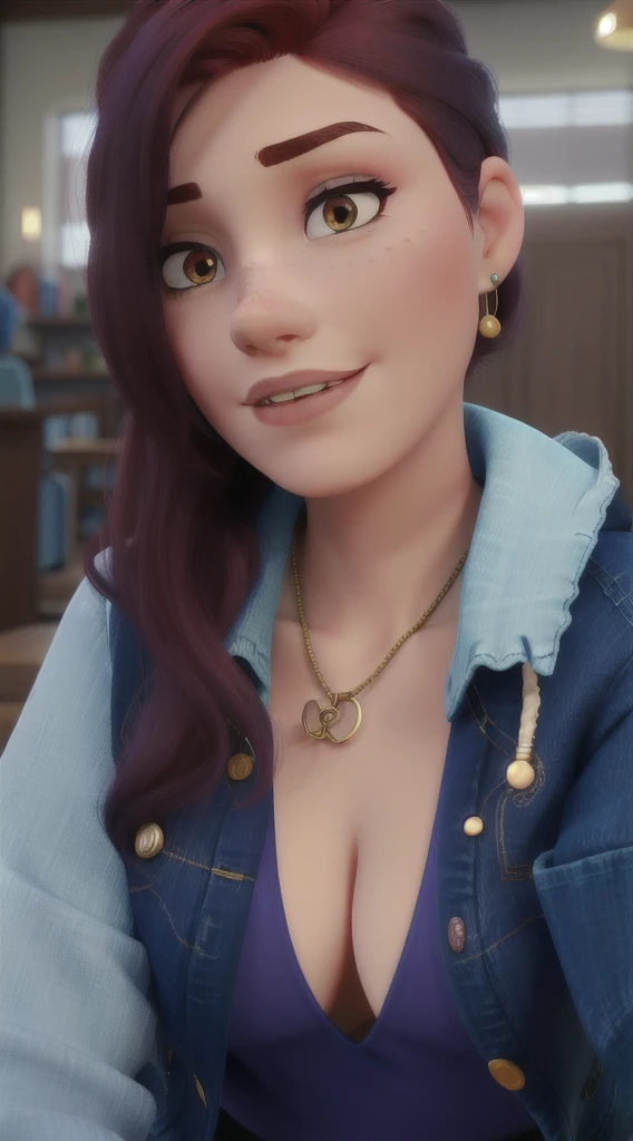 Woman with marsala-colored hair, pircing on the eyebrow, with blue low-cut blouse, and denim jacket