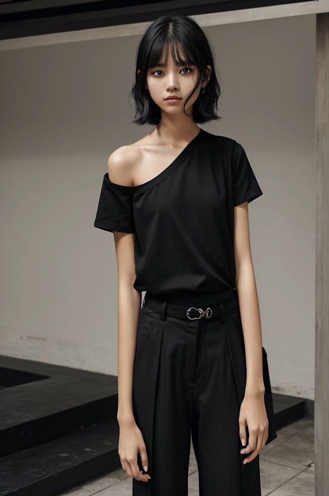 Noe piece screenshot, 19 year old girl, Shoulder length hair cut in black layers, black left eye, opaque black right eye, loose black pants with slits on the sides, white collared shirt with short sleeves, with a tangle
