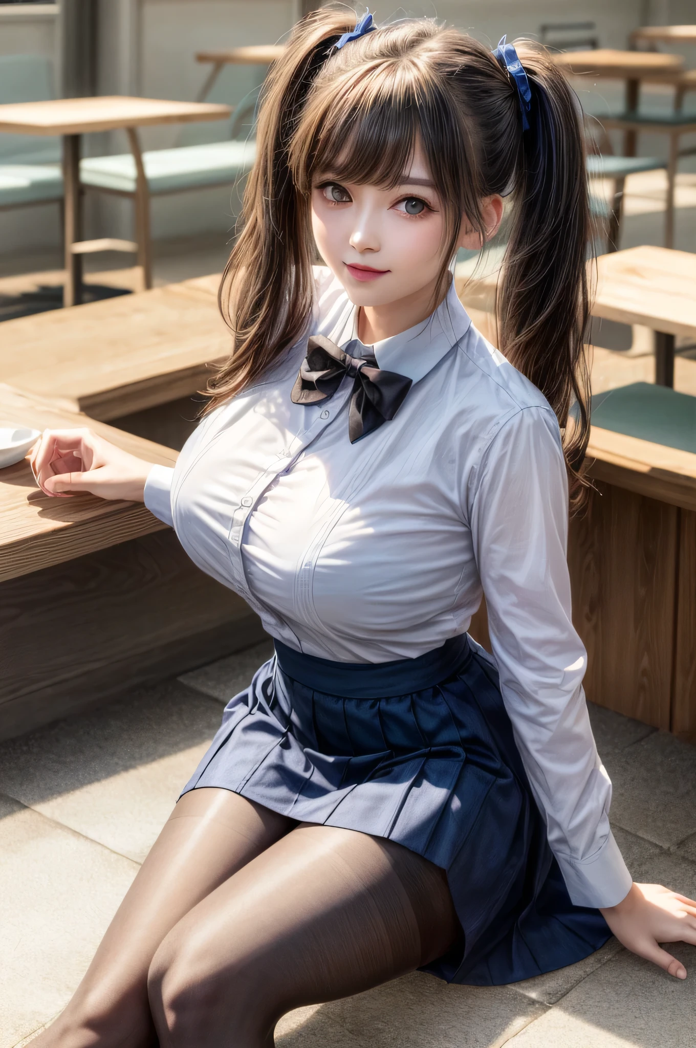 Kujikawa Def,Twin tails,school uniform,Black Seraphim,Long sleeve,Fishnet tights,jewelry,Earrings,Straddle,
Highest quality, Very detailed, masterpiece, Absurd,8k,   photoRealistic, Realistic,Detailed skin texture,Detailed pupil,High resolution,Natural light,
One Girl,alone,(Happy:1.1),(smile:1.2),short hair,Brown Hair,(Angular face:1.2),Shining Face,Large Breasts, Tight waist, Lip Makeup,Wet shirt,Spread your legs,(I can see her panties:1.5)Bra is visible,(orgasm:1.5)(Wet panties:1.5)Inviting