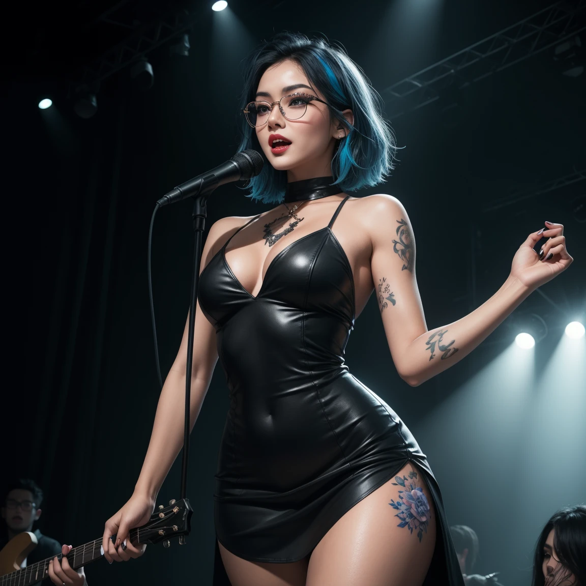 american shot, high quality, masterpiece photorealistic cinematography 8k, straight-haired London vampire woman, black with blue highlights, loose straight hairstyle with movement, stylish thin glasses, sensual flirtatious expression, singing on stage with lighting focused on her,, short rockstar dress, thick thighs with a tattoo of a blue flower on them, medium bust, sensual dream body, wide legs, natural texture, beautiful and perfect deep black eyes,