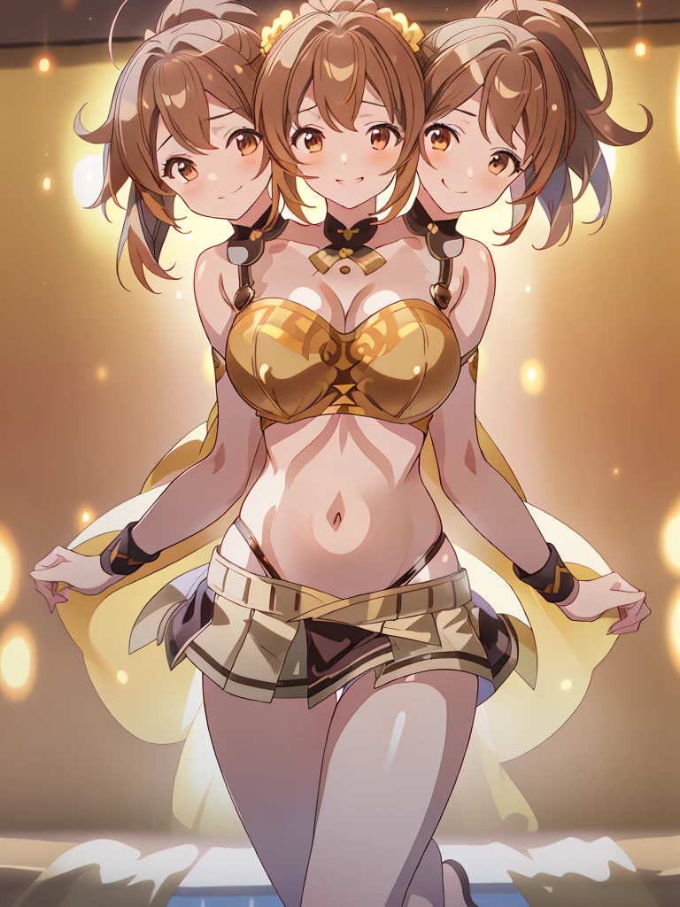 (masterpiece, best quality), best resolution, (3heads:1.5), 1girl, 16k resolution, highres, ultra quality, ultra resolution, ultra detail, FEDelthea, brown hair, ponytail, smiling, soft smile, open belly, gold-brown-white crop top, gold-brown miniskirt, swimsuit attire, open breasts, very huge tits, sexy pose, adult woman, 
