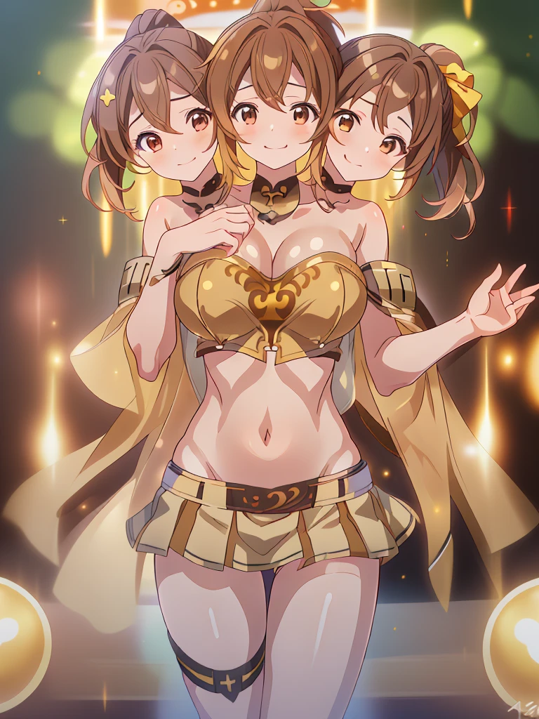 (masterpiece, best quality), best resolution, (3heads:1.5), 1girl, 16k resolution, highres, ultra quality, ultra resolution, ultra detail, FEDelthea, brown hair, ponytail, smiling, soft smile, open belly, gold-brown-white crop top, gold-brown miniskirt, swimsuit attire, open breasts, very huge tits, sexy pose, adult woman, 
