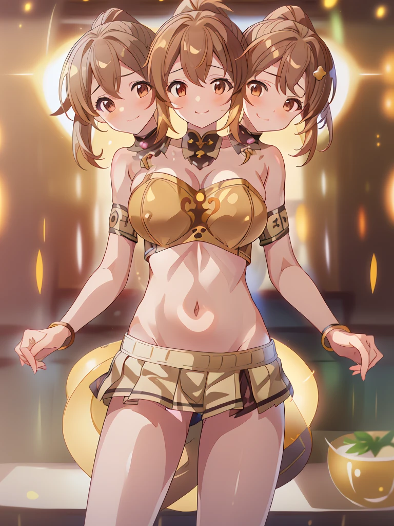 (masterpiece, best quality), best resolution, (3heads:1.5), 1girl, 16k resolution, highres, ultra quality, ultra resolution, ultra detail, FEDelthea, brown hair, ponytail, smiling, soft smile, open belly, gold-brown-white crop top, gold-brown miniskirt, swimsuit attire, open breasts, very huge tits, sexy pose, adult woman, 
