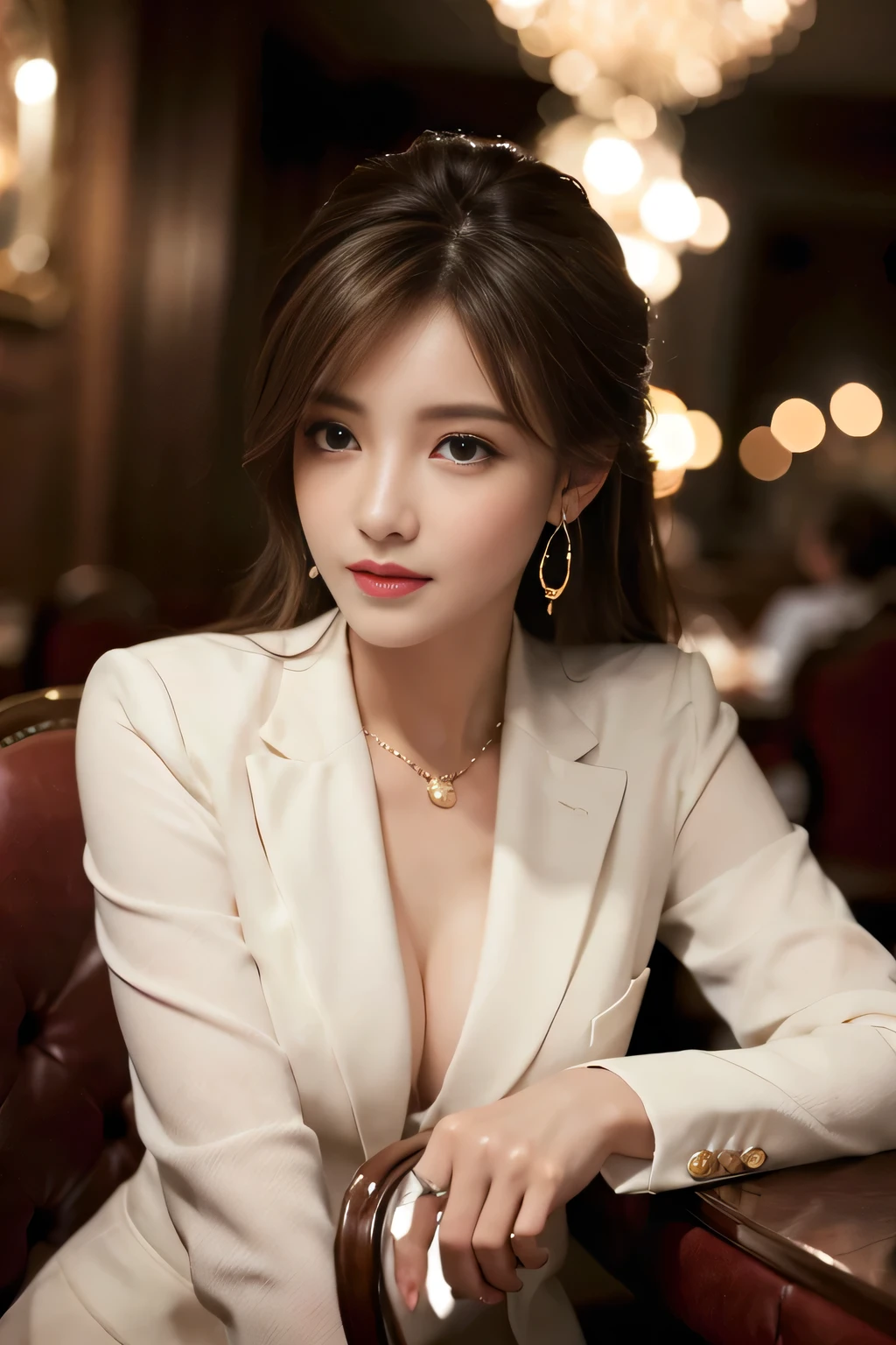 masterpiece, Highest quality, Realistic, Very detailed, Finer details, High resolution, 8k wallpaper, One beautiful woman, Wear a nice suit, In a great restaurant, At night, Light brown messy hair, Perfect dynamic composition, Beautiful and beautiful eyes、Big earrings、Sit on a chair